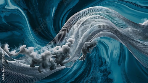 Abstract blue background, wave, veil, mesh or smoke texture