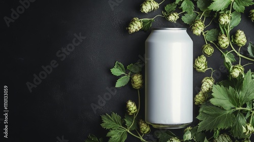 Blank beer can against a hops background for craft beer branding. 