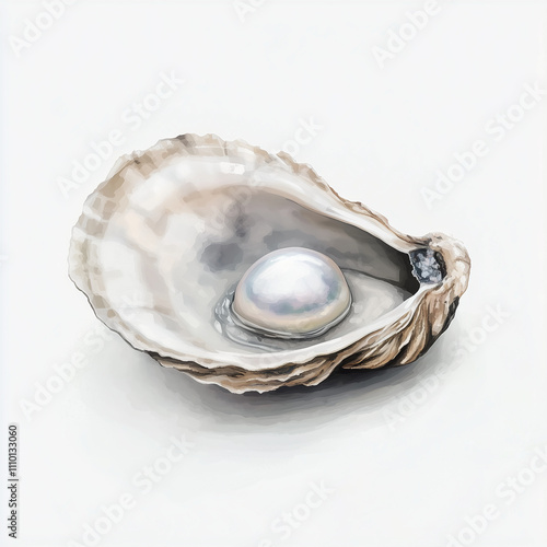 A illustration of an open oyster shell with a white pearl