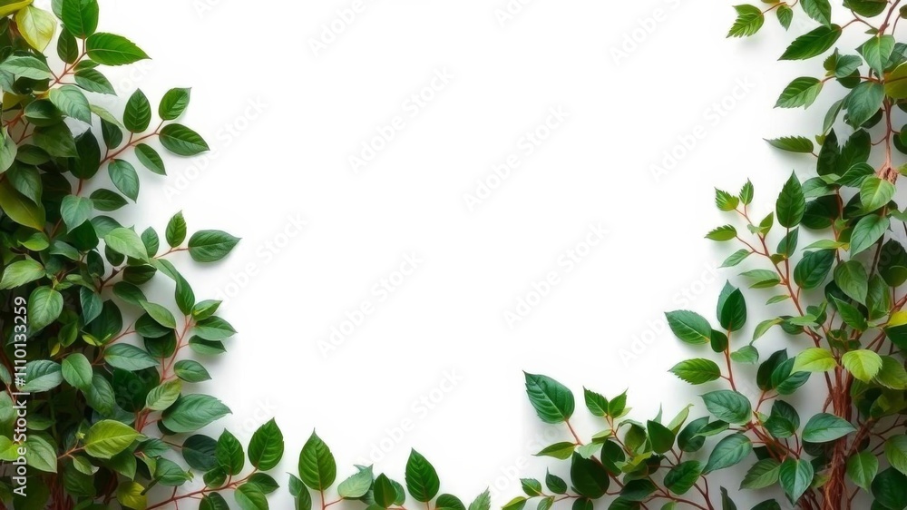 A vertical botanical frame background featuring lush green leaves and white frame, template, background, white A vertical botanical frame background featuring lush green leaves and white frame, template, background, white