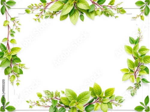 Wallpaper Mural A vertical botanical frame background featuring a variety of lush green foliage surrounding a clean white frame in the center, vibrant, decorative, white Torontodigital.ca