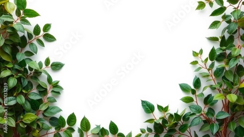 A vertical botanical frame background featuring lush green leaves and white frame, template, background, white