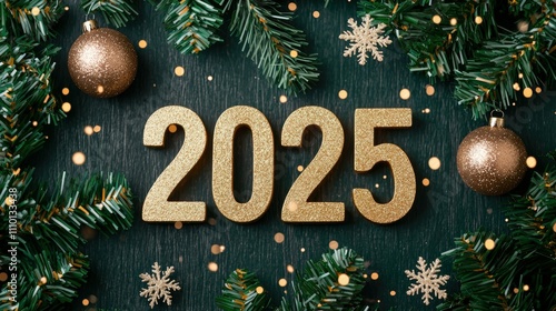 Festive New Year Celebration 2025 with Glittering Gold Numbers and Christmas Ornaments on a Green Background