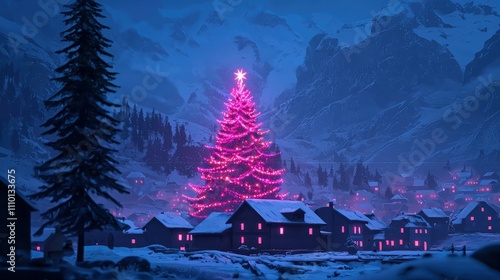 Beautiful Winter Scene Featuring Pink Christmas Tree Illuminated in Snowy Mountain Village at Night