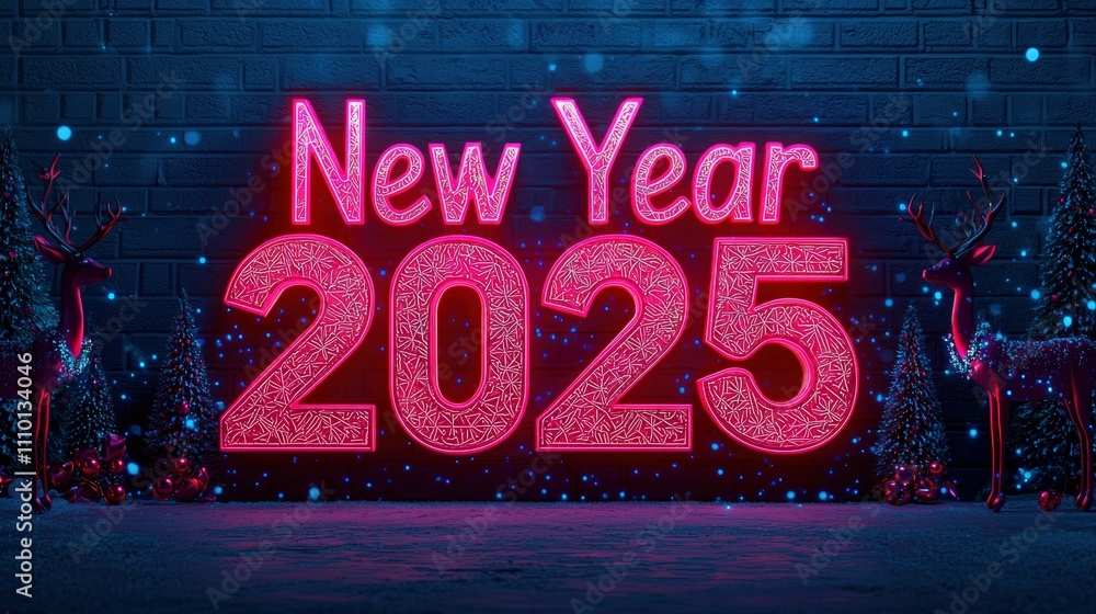 Festive Neon Sign for New Year 2025 Celebration with Decorative Elements and Holiday Spirit Festive Neon Sign for New Year 2025 Celebration with Decorative Elements and Holiday Spirit