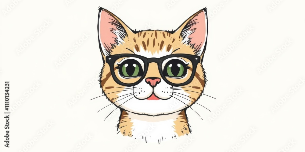 Obraz premium A whimsical stock photo featuring a cat wearing glasses, with a cat's head and face drawn in the middle of the frame, created using generative AI technology, cute, feline, digital art
