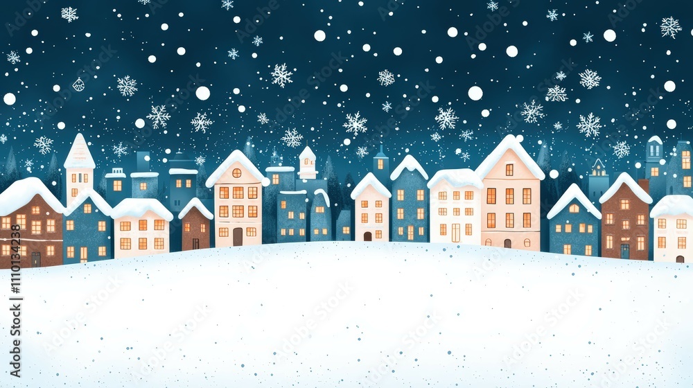 Cozy Winter Village Scene with Snowflakes and Starry Night Sky in Serene Landscape Cozy Winter Village Scene with Snowflakes and Starry Night Sky in Serene Landscape