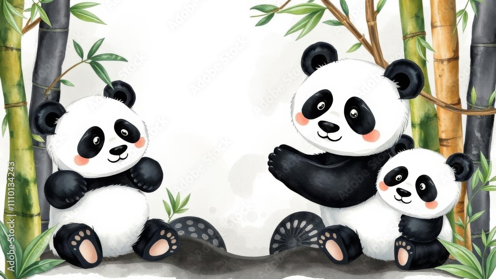 Obraz premium A whimsical watercolor painting featuring a group of adorable pandas surrounding an empty copy space in the center, wildlife, peaceful, wild