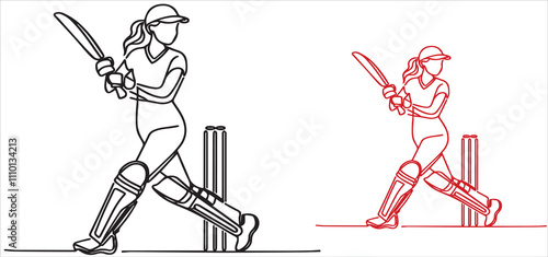 line art woman posing cricket playing style vector 
