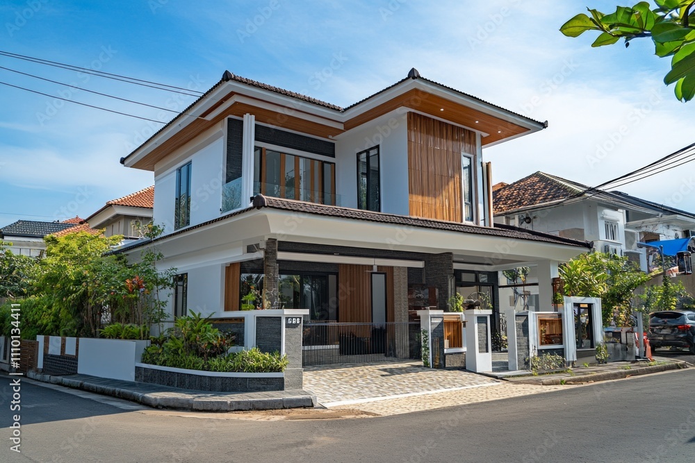 home design with a modern and minimalist shape, white and brown in color equipped with a flower garden outside, the concept of an elegant and luxurious home. home design with a modern and minimalist shape, white and brown in color equipped with a flower garden outside, the concept of an elegant and luxurious home.