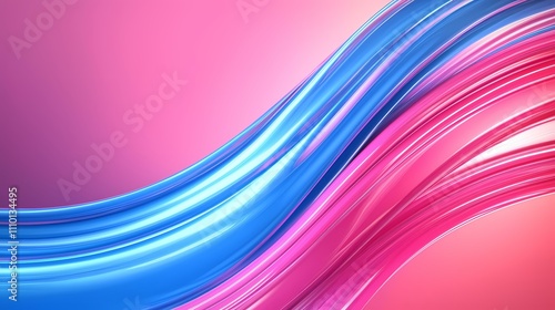 The image contains two vibrant, glossy, flowing streams of color; one blue and one pink, overlapping and curving across a pink gradient background.