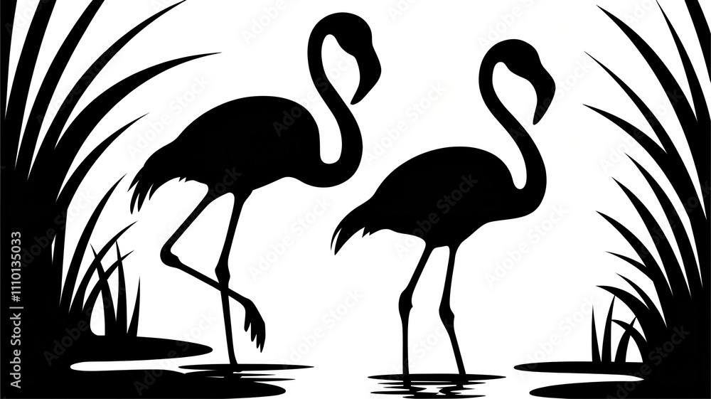 Fototapeta premium Flamingo seamless pattern on a background of tropical leaves. Popular background