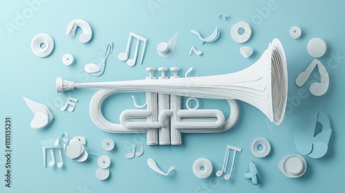 A paper art trumpet surrounded by abstract music symbols on a clean, minimalist background, photo