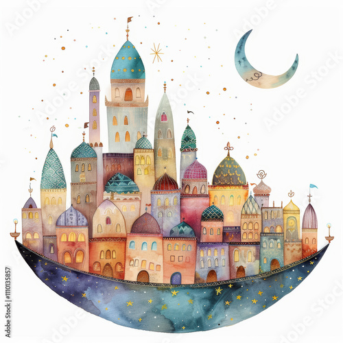 Whimsical Watercolor Fantasy Cityscape with Moonlit Sky photo