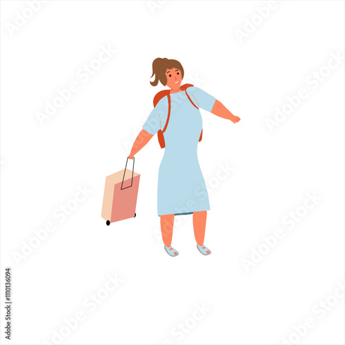 Tourist and traveler characters  women with suitcase luggage,  on trips abroad. Line art flat vector illustration  