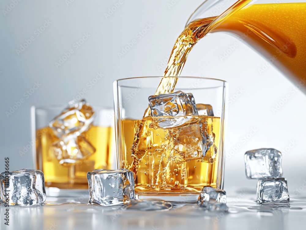 A refreshing drink being poured over ice cubes in glasses. A refreshing drink being poured over ice cubes in glasses.
