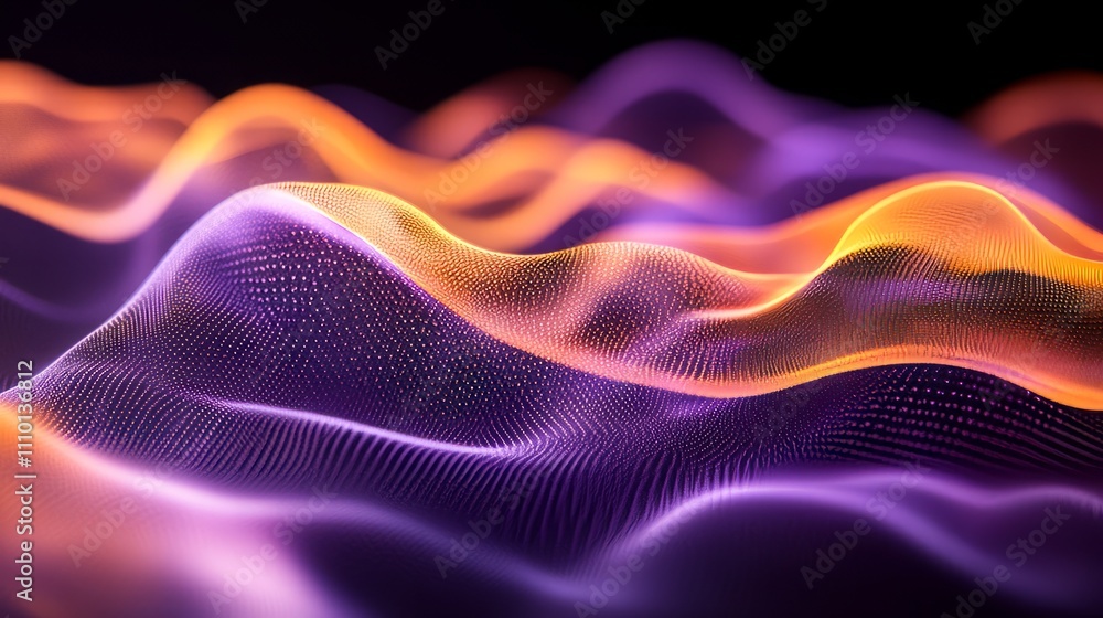 A soft holographic particle wave in gradient colors shifting from purple to orange, forming abstract, flowing patterns A soft holographic particle wave in gradient colors shifting from purple to orange, forming abstract, flowing patterns