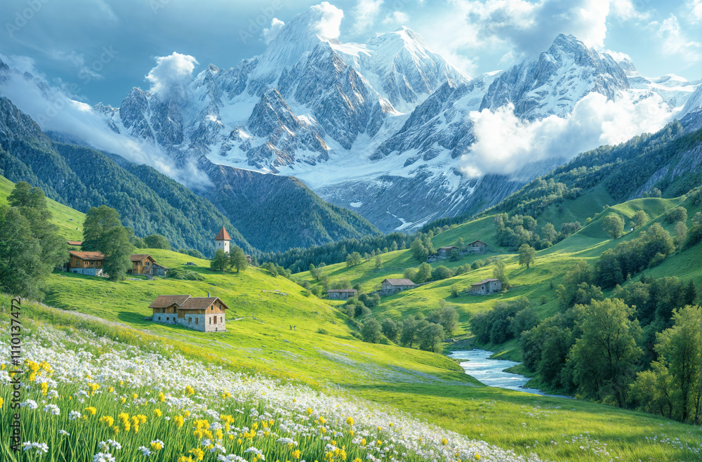 Peaceful scenery with snowy mountains in the background. Peaceful scenery with snowy mountains in the background.
