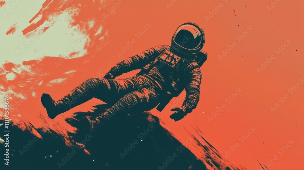Abstract astronaut, thin outline, floating through dark space Abstract astronaut, thin outline, floating through dark space