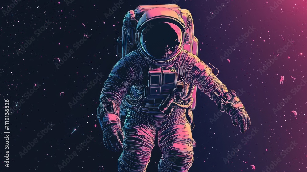 Fototapeta premium Abstract astronaut, thin outline, floating through dark space 