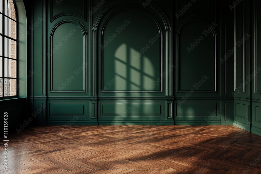 Empty Room with Dark Green Wall and Parquet Flooring Empty Room with Dark Green Wall and Parquet Flooring