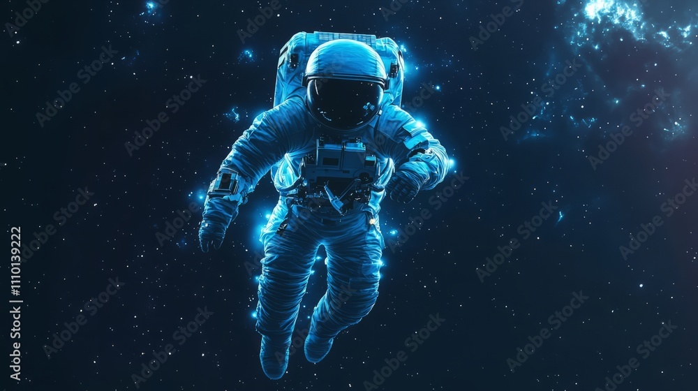 Fototapeta premium Abstract astronaut, thin outline, floating through dark space 