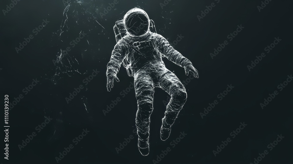 Abstract astronaut, thin outline, floating through dark space Abstract astronaut, thin outline, floating through dark space