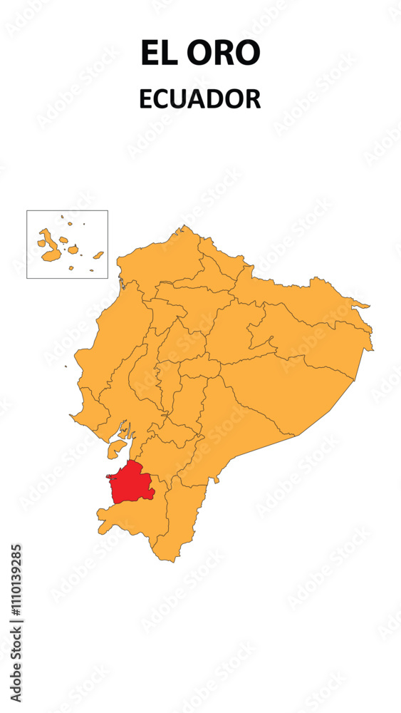 El Oro Map is highlighted on the Ecuador map with detailed state and region outlines. El Oro Map is highlighted on the Ecuador map with detailed state and region outlines.
