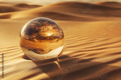 3d rendering of crystal ball on desert landscape with footsteps in the evening sunlight
 photo