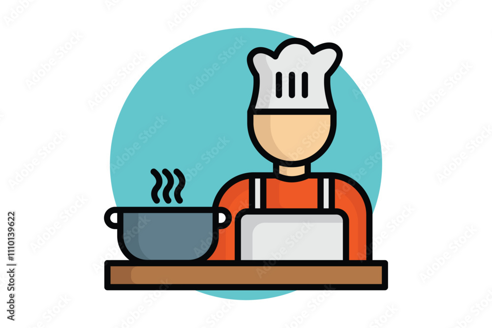 Cooking icon. colored outline icon style. chef with cooking pot. icon related to kitchen. meal elements vector illustration Cooking icon. colored outline icon style. chef with cooking pot. icon related to kitchen. meal elements vector illustration