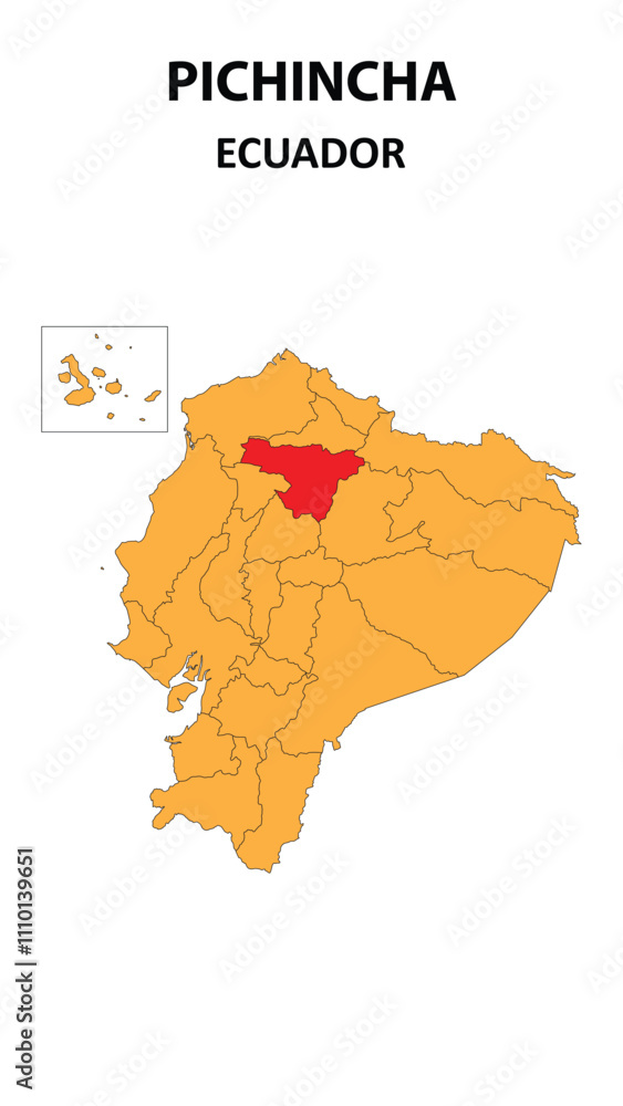 Pichincha Map is highlighted on the Ecuador map with detailed state and region outlines. Pichincha Map is highlighted on the Ecuador map with detailed state and region outlines.