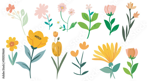 Collection of spring colorful bouquet flower elements vector. Set Botanical floral of wild flower, leaf branch, foliage on white background.