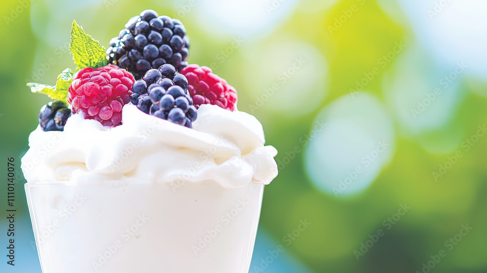 Creamy yogurt parfait topped with fresh berries and mint Creamy yogurt parfait topped with fresh berries and mint