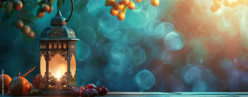 Illuminated Lantern with Dates on Wooden Table - Ramadan Illustration Illuminated Lantern with Dates on Wooden Table - Ramadan Illustration