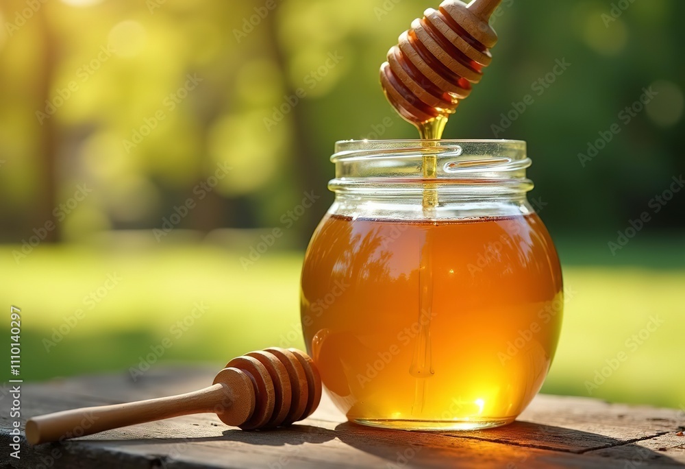 A glass jar filled with golden honey, with a wooden honey dipper dripping honey into the jar A glass jar filled with golden honey, with a wooden honey dipper dripping honey into the jar