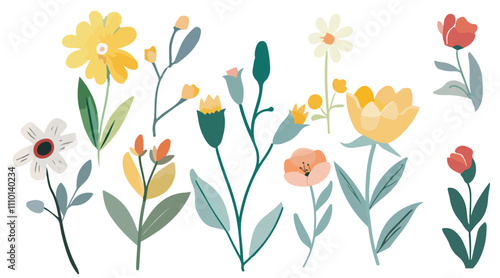 Collection of spring colorful bouquet flower elements vector. Set Botanical floral of wild flower, leaf branch, foliage on white background.