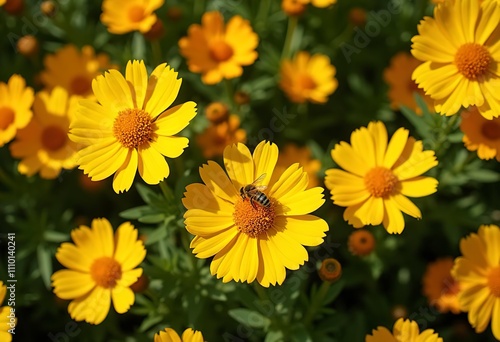 A field of bright yellow marigold flowers in full bloom, with lush green foliage in the background