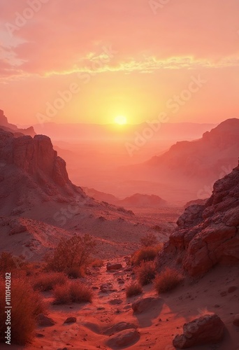 A dramatic sunset over a desert landscape with mountains in the background, the ground covered in red rocks and shrubs