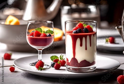 Delicious vanilla panna cotta with berries. Panna cotta dessert with berriesy photo