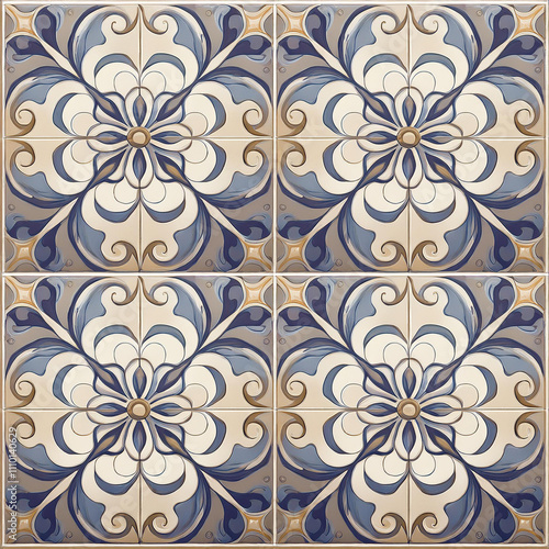Portuguese tiles. Tiles in beige and blue. Ceramic Tiles. Hydraulic Portuguese ceramic design.
