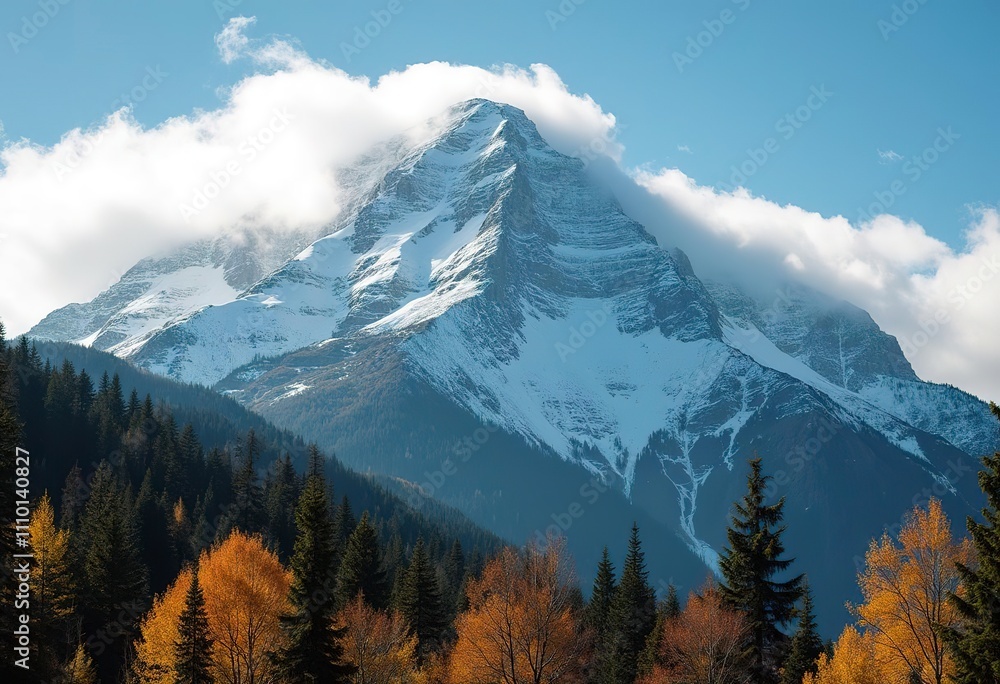 A snow-capped mountain peak partially obscured by clouds, surrounded by a forested mountainous landscape under a blue sky A snow-capped mountain peak partially obscured by clouds, surrounded by a forested mountainous landscape under a blue sky