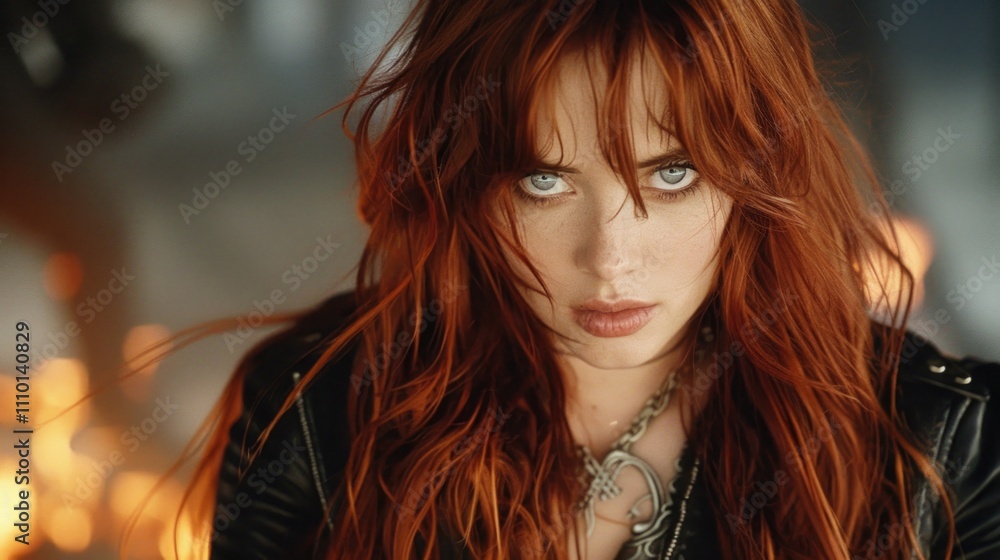 Intense Gaze: Red-Haired Woman with Fiery Background Intense Gaze: Red-Haired Woman with Fiery Background