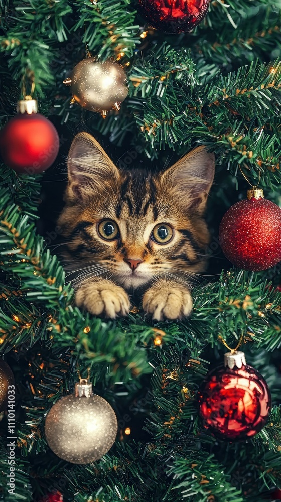 A cat hides among Christmas decorations. AI. A cat hides among Christmas decorations. AI.