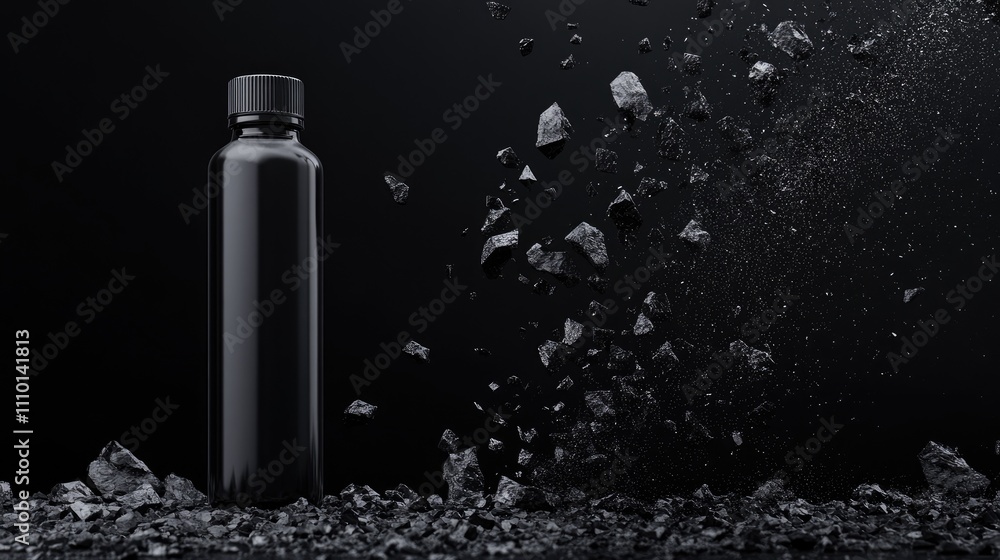 Black bottle amidst falling rocks. Black bottle amidst falling rocks.