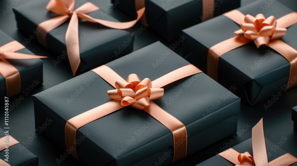 Elegant Navy Blue Gift Boxes with Peach Ribbons on Dark Background Elegant Navy Blue Gift Boxes with Peach Ribbons on Dark Background