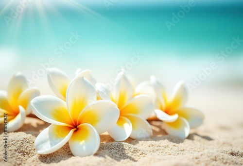 White and yellow plumeria flowers on a sandy beach with a blurred ocean background