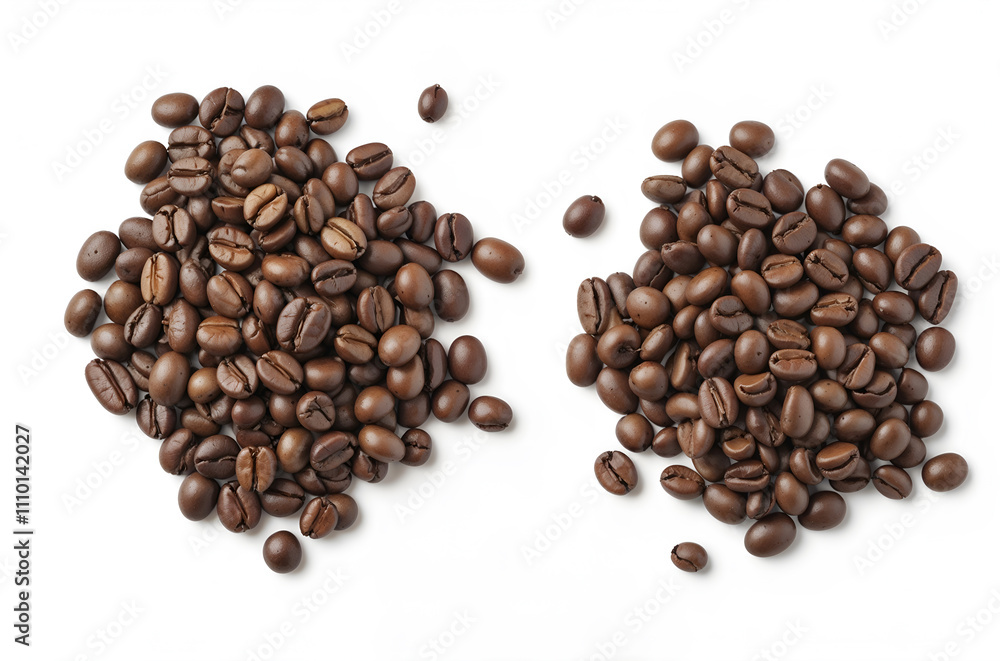 Obraz premium Coffee beans scattered on a white background, highlighting their quality and use in beverages. Generative AI