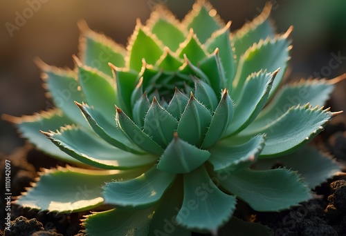 A green succulent plant with thick, spiky leaves arranged in a rosette pattern