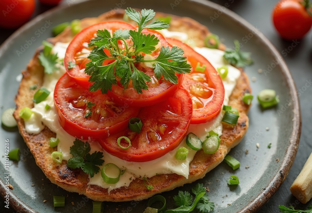 A plate with a toasted pita bread or flatbread topped with sliced tomatoes, green onions, and a creamy or cheesy spread A plate with a toasted pita bread or flatbread topped with sliced tomatoes, green onions, and a creamy or cheesy spread