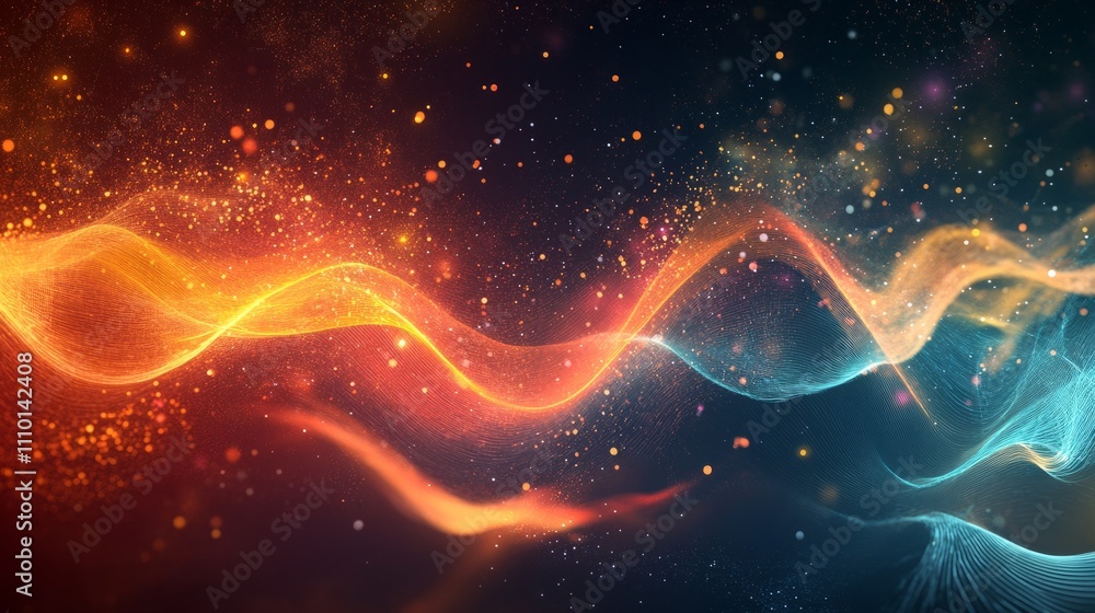 Fototapeta premium Abstract particles in motion, forming a smooth wave across a dark tech-inspired background
